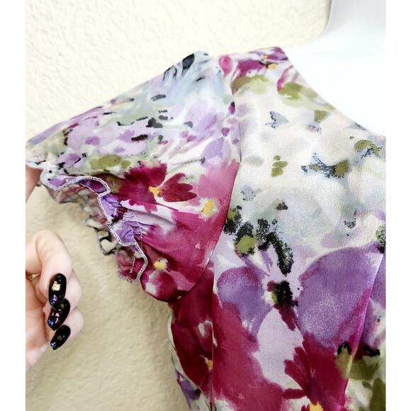 Sunny Leigh Purple Multicolor Floral Print Top PP SP Lined Material Flowers Soft - Picture 3 of 5